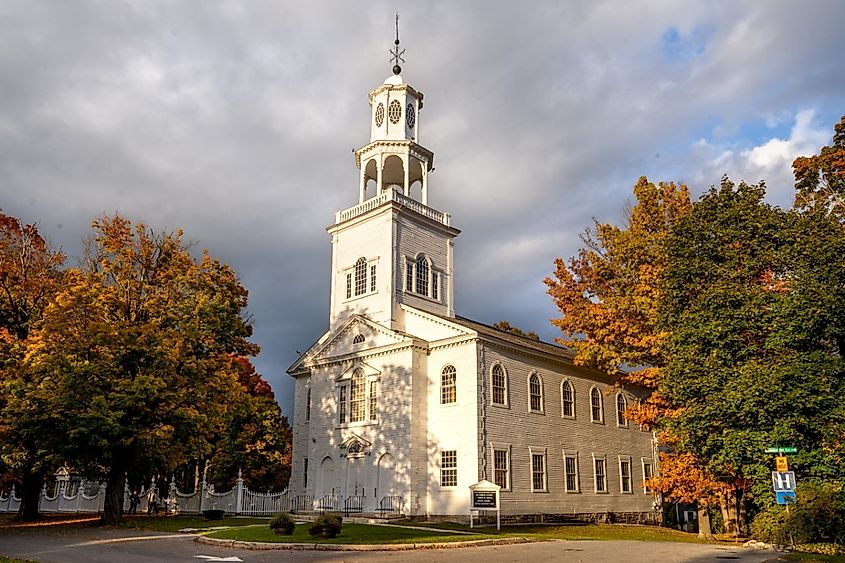 Horizontal view of Vermont's first Protestant church, the "Old First" Congregational Church. It was built in 1805 by Lavius Fillmore.