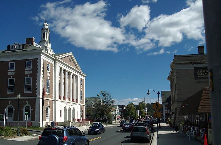 Downtown on Main Street looking east in Littleton, New Hampshire