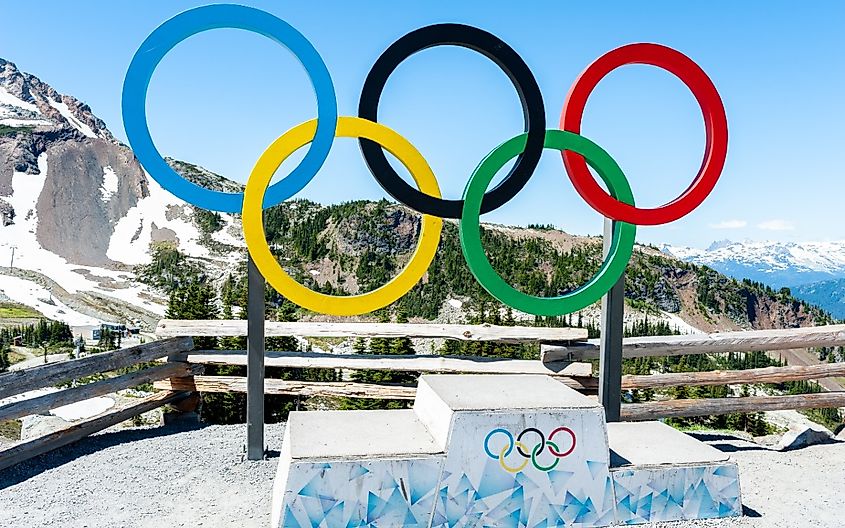 Olympic rings and podium on Whistler mountain for Winter Olympics.