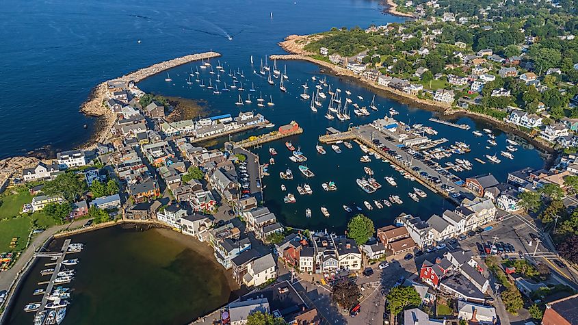 Aerial view of Rockport Harbor in Rockport, Massachusetts