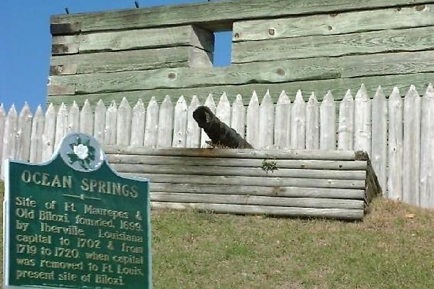 Fort Maurepas reconstruction replica. Early French Colonial fort in Louisiana territory, location now in Ocean Springs, Mississippi.