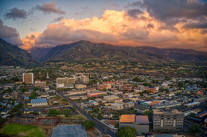 Aerial View of the City of Wailuku on the Island of Maui in Hawaii.