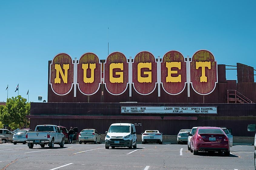 Exterior of the Nugget casino, known for its large retro vintage neon sign.