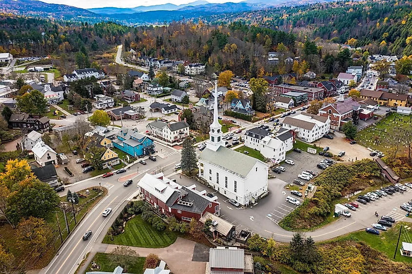 Aerial view of small Community Church in the ski town of Stowe, Vermont