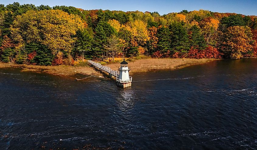 A beautiful shot of Doubling Point Lighthouse on Kennebec River in Bath, Maine on sunny day in late spring.