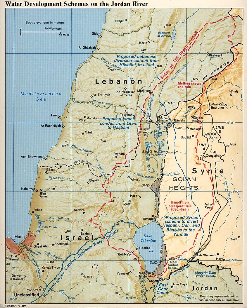 Map detailing the Upper Jordan Basin in 1982, highlighting its importance to water security in the region. Source: Wikimedia Commons/Public Domain