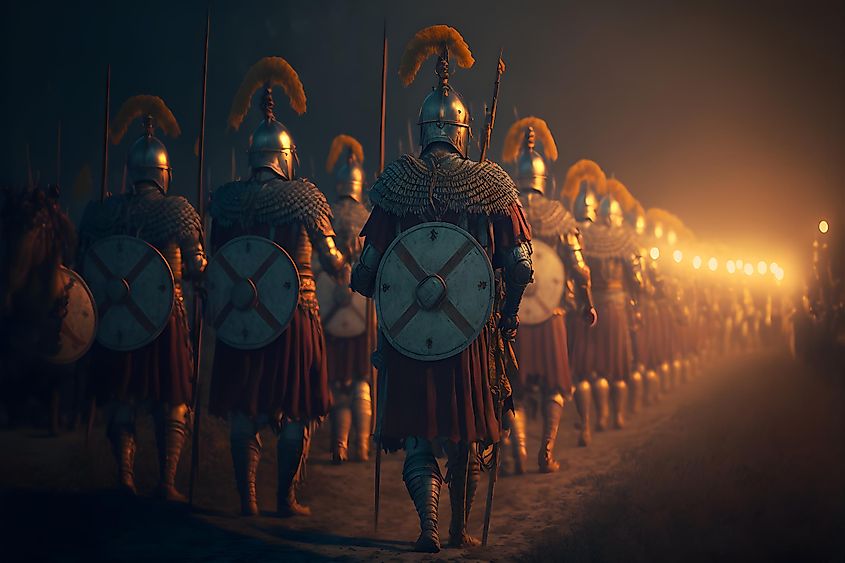 A Roman legion was a large military unit of the Roman army preparing for battle at nigh