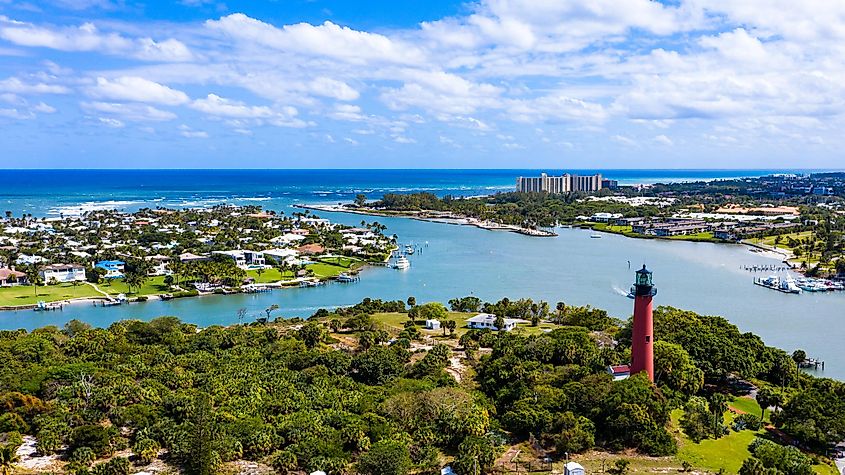 The Jupiter Inlet Lighthouse and the town of Jupiter in Florida.