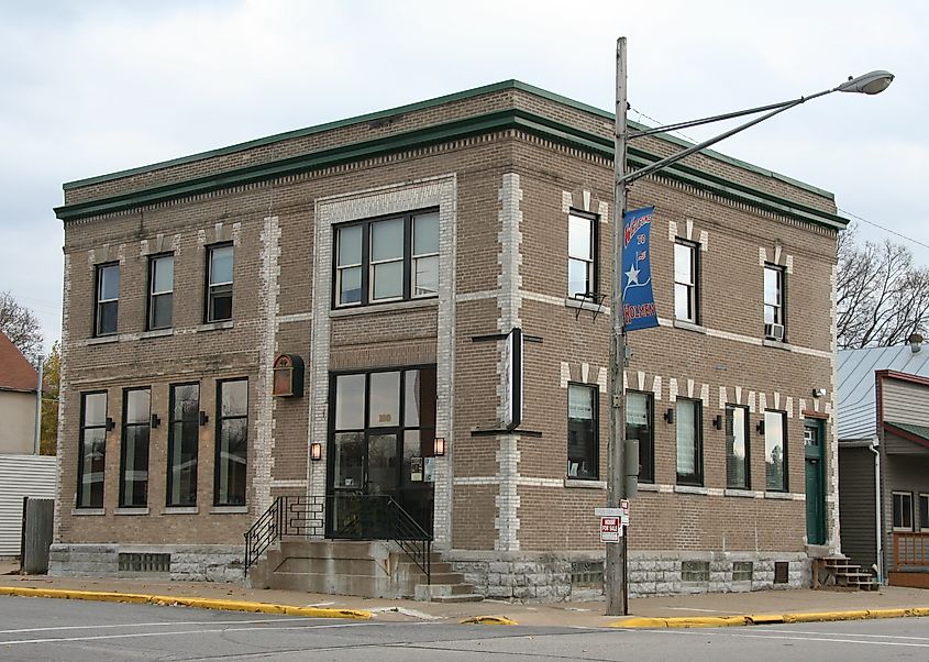 Historic Holmen Bank Building at the intersection of Main and State streets in Holmen, Wisconsin