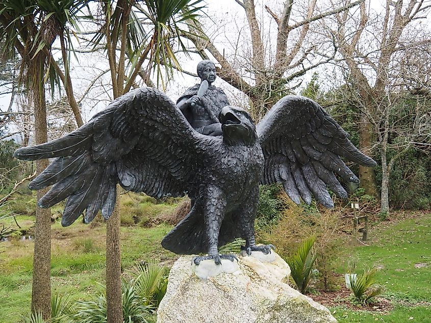 Life-sized statue of extinct Haast eagle on Waverley Street, Karamea, New Zealand.