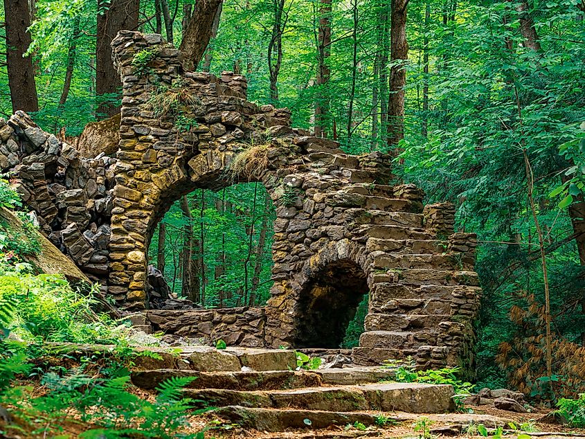 Collapsed stone archway at Madame Sherri Forest in Chesterfield, New Hampshire