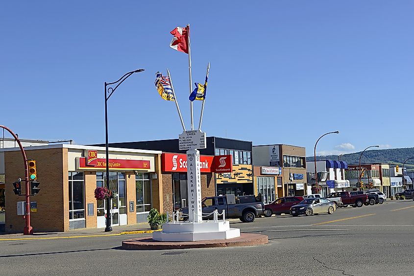 Downtown Dawson Creek, with the Mile "0" post and entering the world famous Alaska Highway.