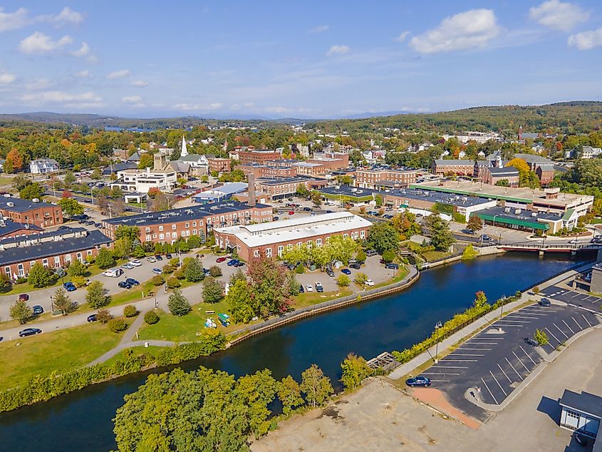 Aerial view of Laconia, New Hampshire, in fall.