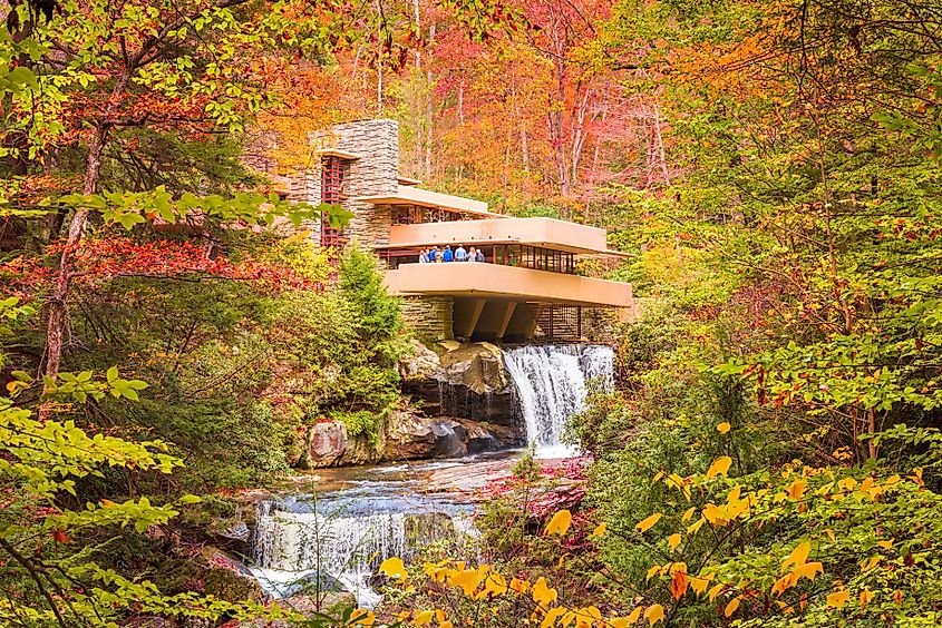 Fallingwater, designed by Frank Lloyd Wright, situated over Bear Run waterfall in Mill Run, Pennsylvania.