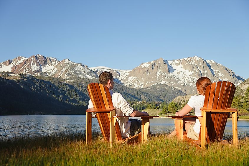 Visitors enjoying the view of the June Lake and bordering mountains.