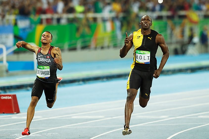 Usain Bolt winning gold at the 100m dash in the 2016 Summer Games. Image credit Focus Pix via Shutterstock.