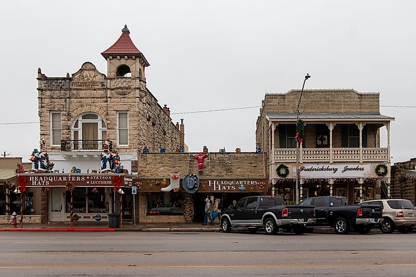 Holiday decorations in the downtown area of Fredericksbrug, Texas.
