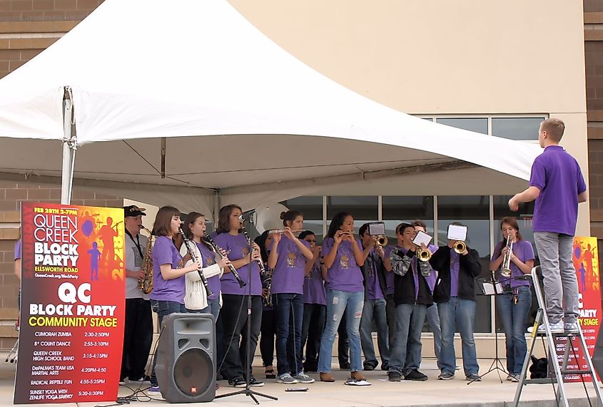 Students of the Queen Creek High School perform at a program in the town hall