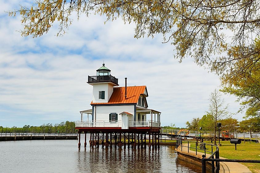Roanoke River Lighthouse on a sunny day, Edenton, North Carolina USA. 