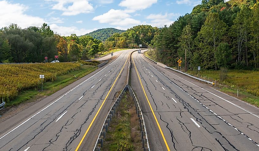 State Route 6 in Brokenstraw Township, Pennsylvania, USA on a sunny fall day.