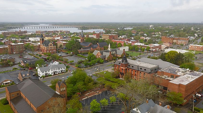 Aerial view of New Bern, North Carolina, with the Neuse River in the distance.