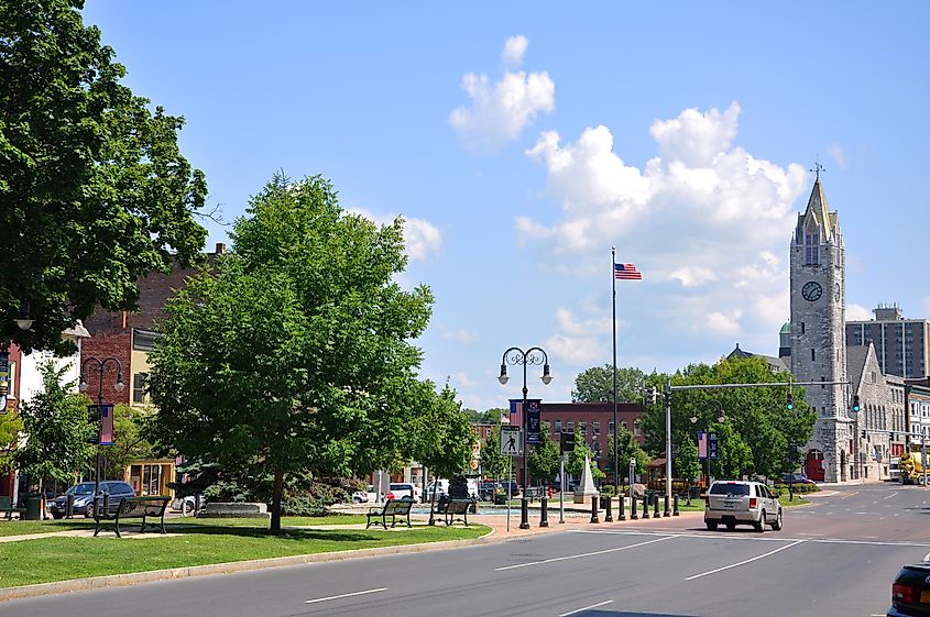 WATERTOWN, NY, USA - AUG. 16, 2012: First Baptist Church in Public Square in downtown Watertown, Upstate New York NY, USA.
