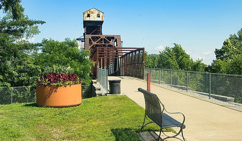 Sunny Summer landscape of the Katy Bridge over the Missouri River, just off the Katy Trail in Boonville, Missouri.