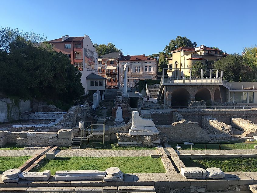 Open-air Roman ruins mixed in with the modern street of Plovdiv, Bulgaria.