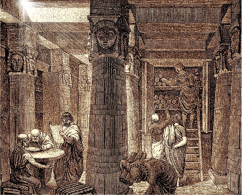 Artistic depiction of the Library of Alexandria, symbolizing the spread of knowledge and Hellenistic culture.