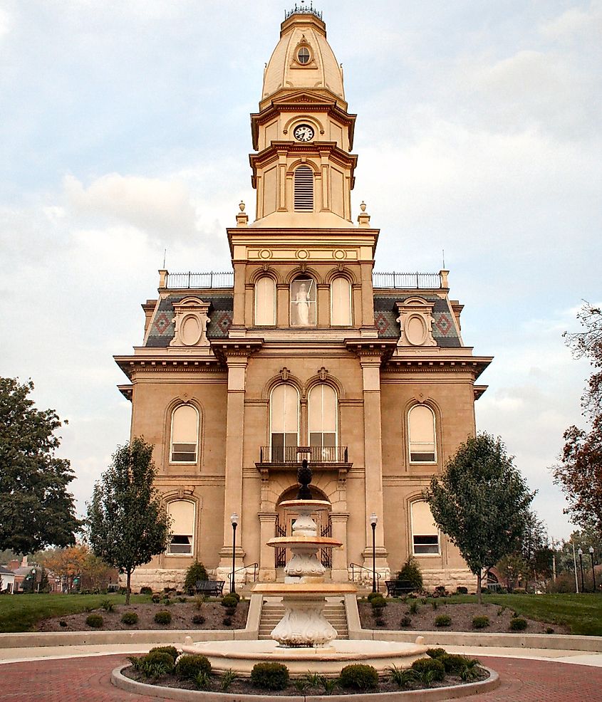 Logan County courthouse in Bellefontaine, Ohio, located along U.S. Route 68.