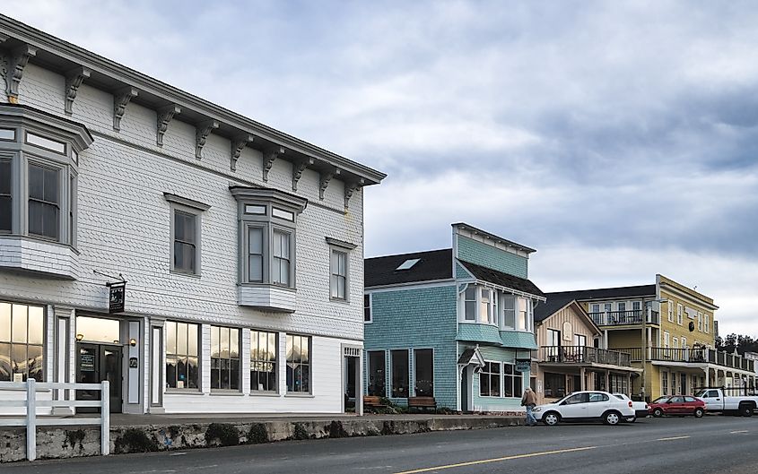 Downtown Mendocino, California, with local businesses.