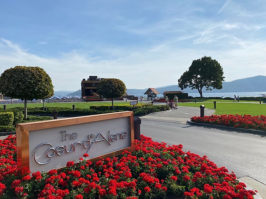 A bed of red flowers surrounds a sign for Coeur d'Alene. The lake and forested mountains can be seen in the distance.