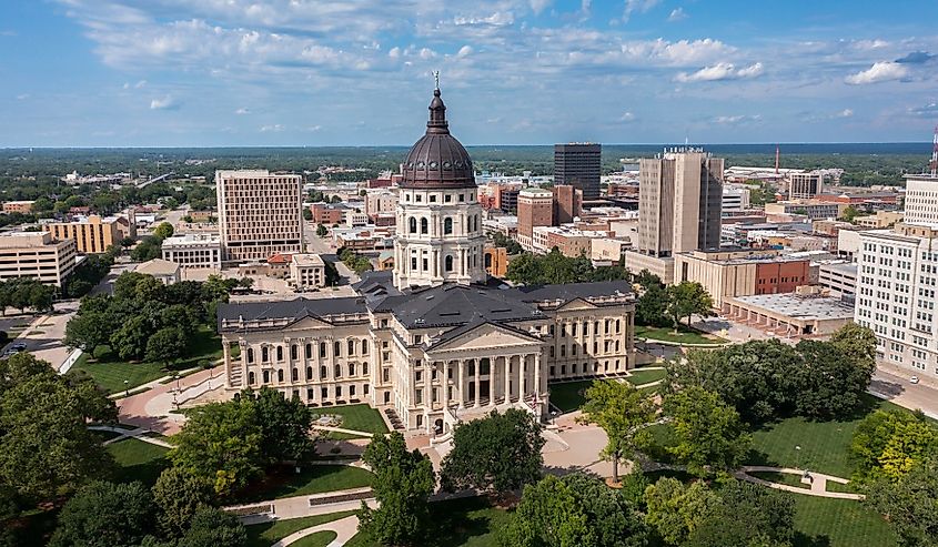 Afternoon view of the historic state capitol building of downtown Topeka, Kansas.