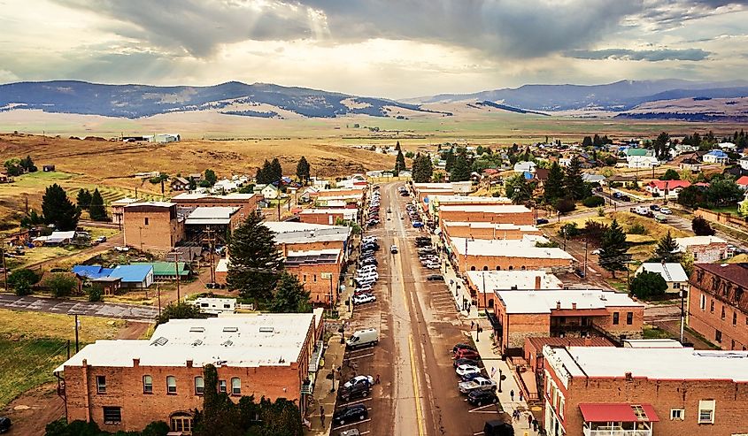 Aerial view of Broadway Street of Philipsburg, Montana, Philipsburg is a town in and the county seat of Granite County, Montana,