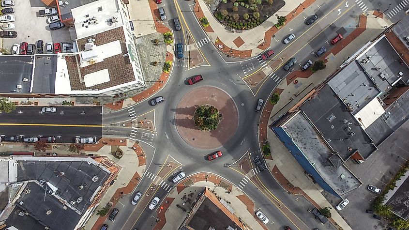 Aerial view of the traffic circle in Glens Falls, New York.