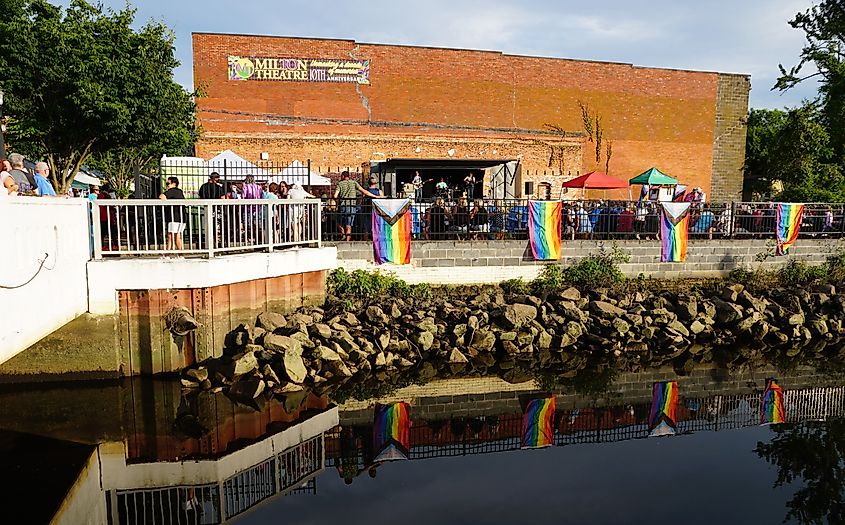 The Pride Fest and outdoor celebration near the Milton Theatre in Milton, Delaware, featuring colorful decorations and a lively atmosphere.