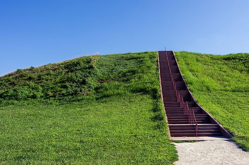 Modern stairs lead to the top of Monk’s Mound a Cahokia Mounds historic site.