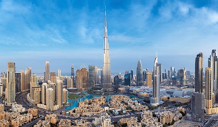 Amazing sunrise view on Dubai city center skyline, United Arab Emirates