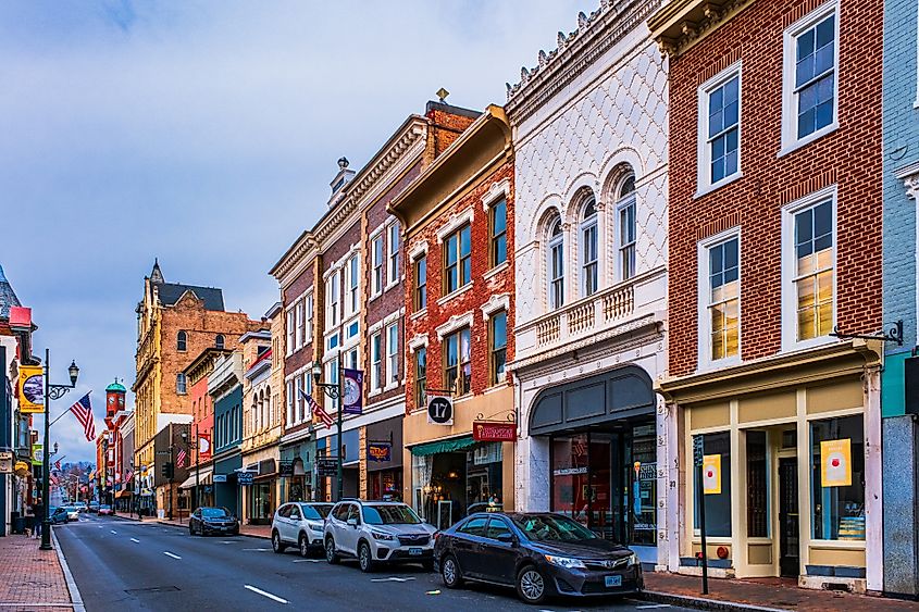 Historic buildings and rustic architecture on display along Beverley Street in Staunton, Virginia