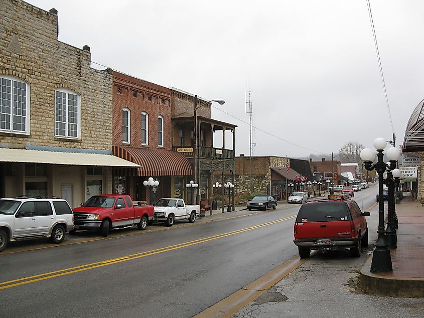 Buildings along a street in Mammoth Springs, Arkansas.
