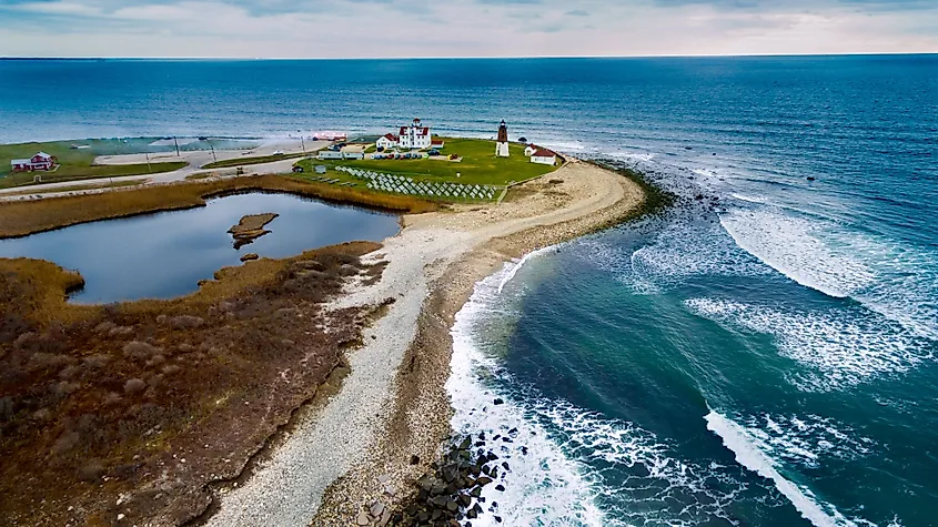A picturesque view of the Point Judith Lighthouse in Narragansett, Rhode Island.