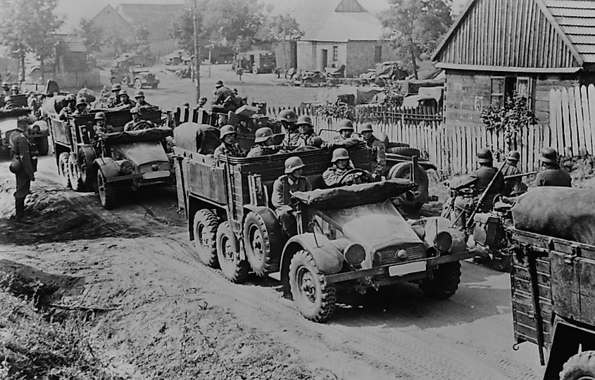 German soldiers invade Poland in armored and motorized divisions in Sept. 1939.