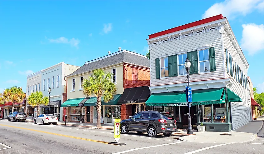 Businesses on Bay Street in Beaufort, South Carolina.