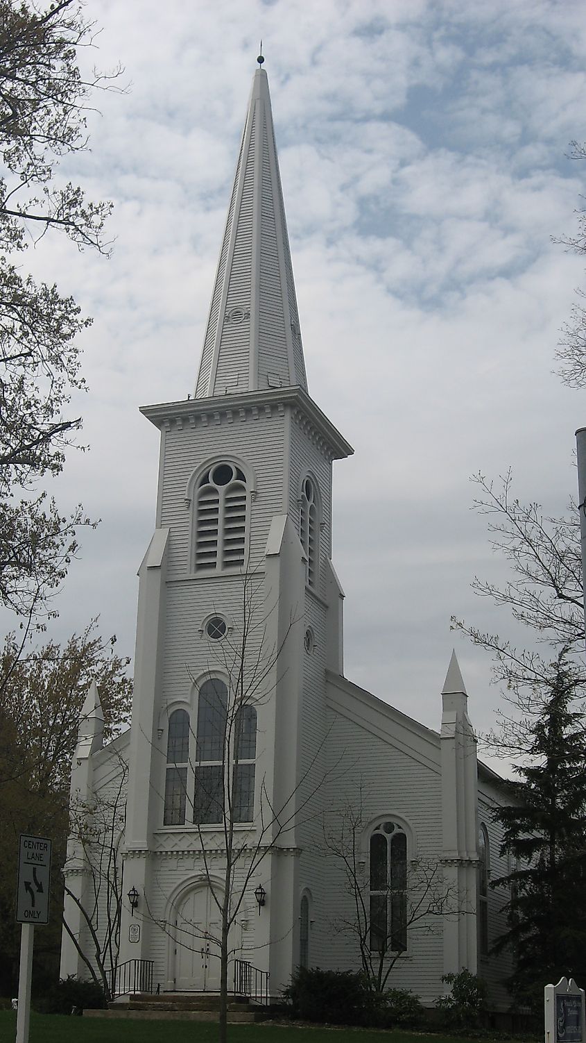 Front of Old South Church, located at 9802 Chillicothe Road (State Route 306) in Kirtland, Ohio, United States.