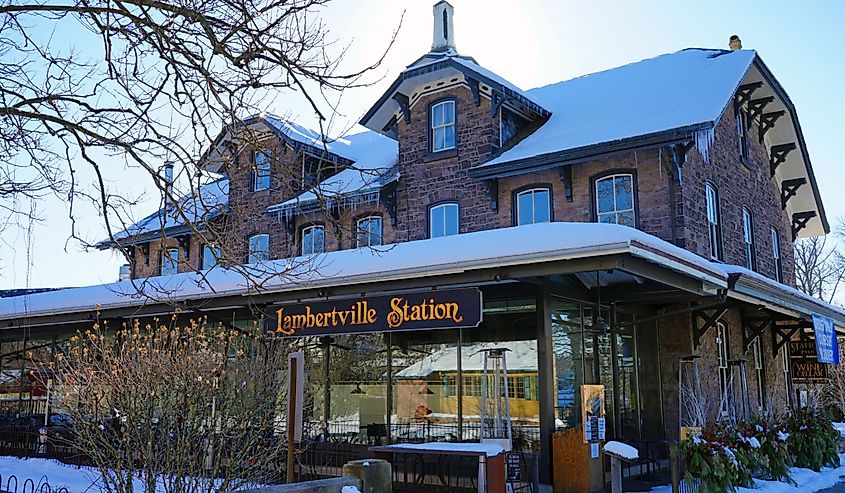 Winter view of the historic town of Lambertville, located on the Delaware River in Hunterdon County,