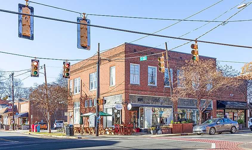 Street intersection showing Antonia's Italian Restaurant on Churton and King Streets in Hillsborough, NC. Editorial credit: Nolichuckyjake / Shutterstock.com