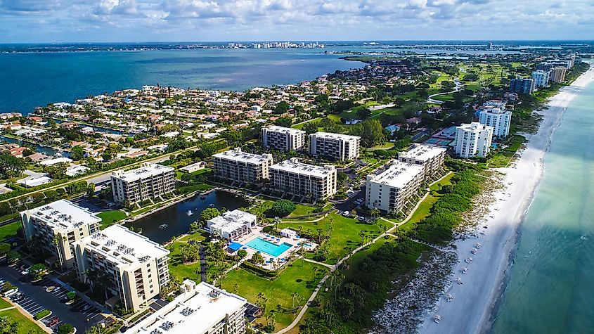 An aerial view of Longboat Key in Sarasota County, Florida.