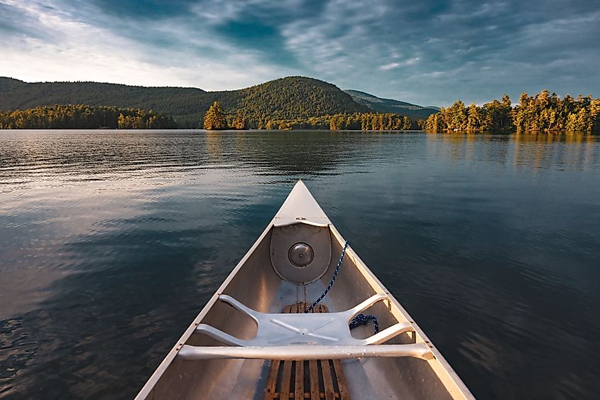 An Adirondack canoe on Lake George, New York, at sunrise.