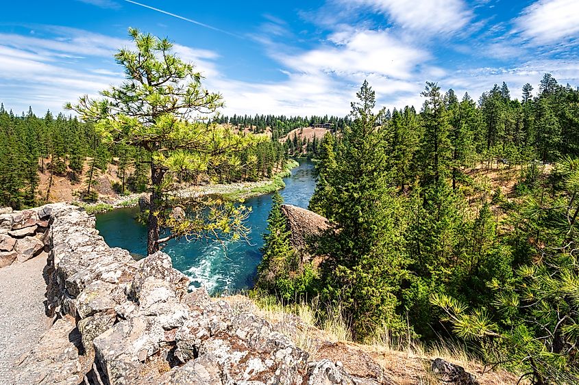 View of the Spokane River from a rocky lookout in the Bowl and Pitcher area of Riverside State Park in Spokane, Washington.