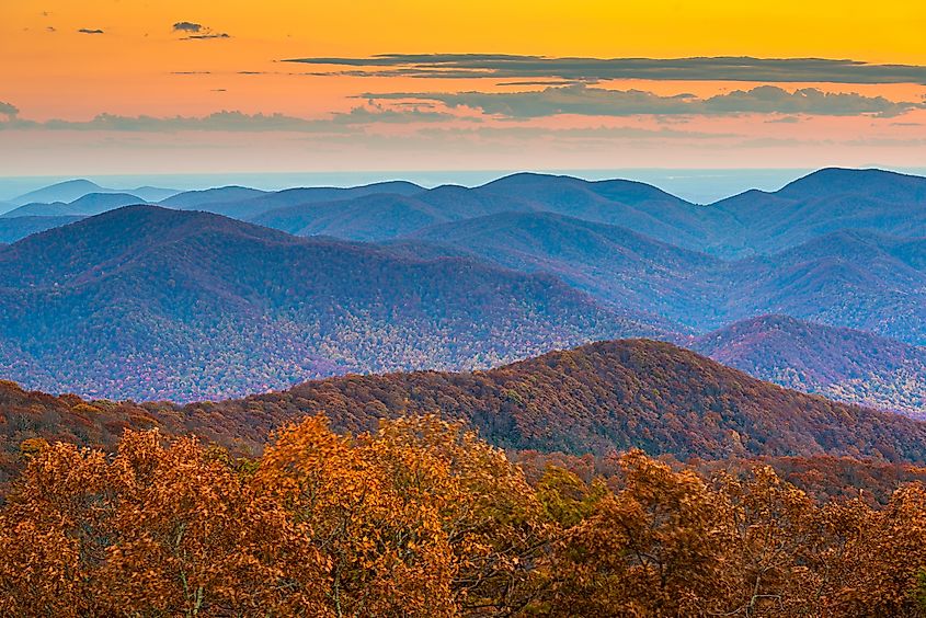 Appalachian Mountains at sunset during autumn viewed from Brasstown Bald in Georgia